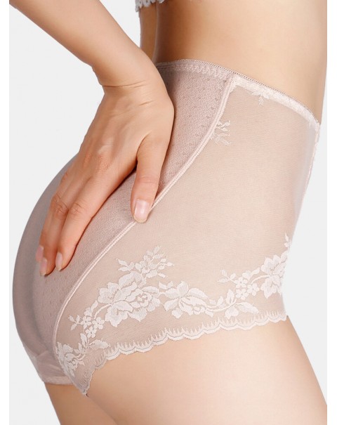 Women Translucent Lace See Through High Waist Thin Lingerie Panties - Pink 14