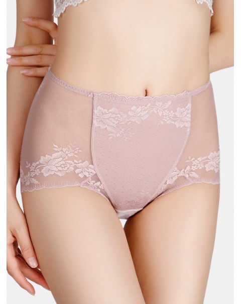 Women Translucent Lace See Through High Waist Thin Lingerie Panties - Pink 14