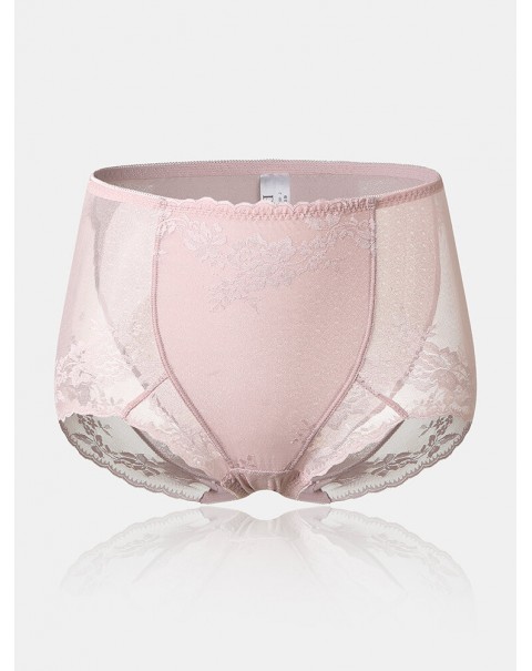 Women Translucent Lace See Through High Waist Thin Lingerie Panties - Pink 14