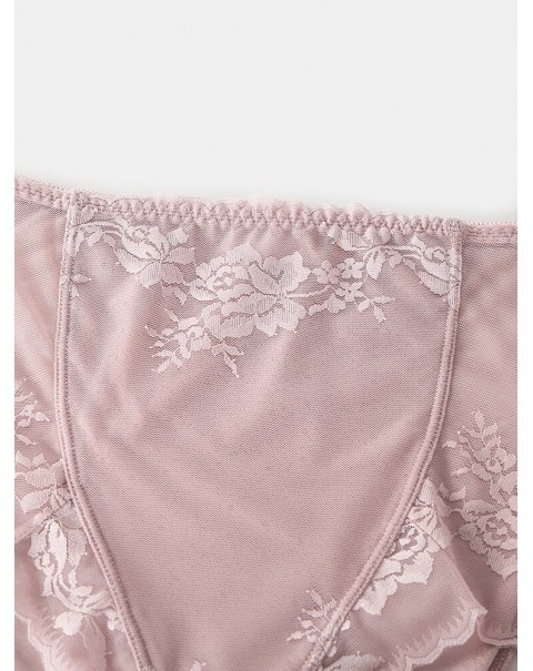 Women Translucent Lace See Through High Waist Thin Lingerie Panties - Pink 14