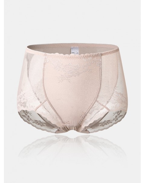 Women Translucent Lace See Through High Waist Thin Lingerie Panties - Pink 14