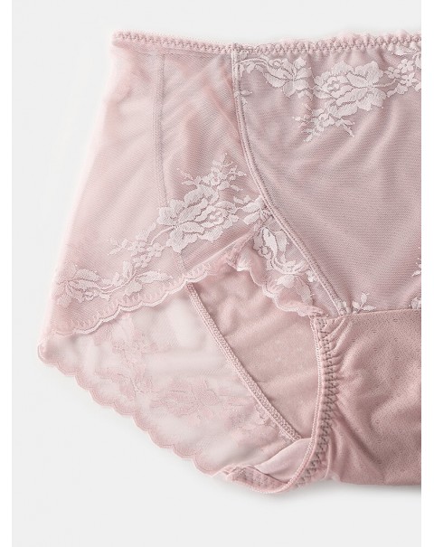 Women Translucent Lace See Through High Waist Thin Lingerie Panties - Pink 14