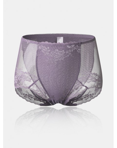 Women Translucent Lace See Through High Waist Thin Lingerie Panties - Pink 14