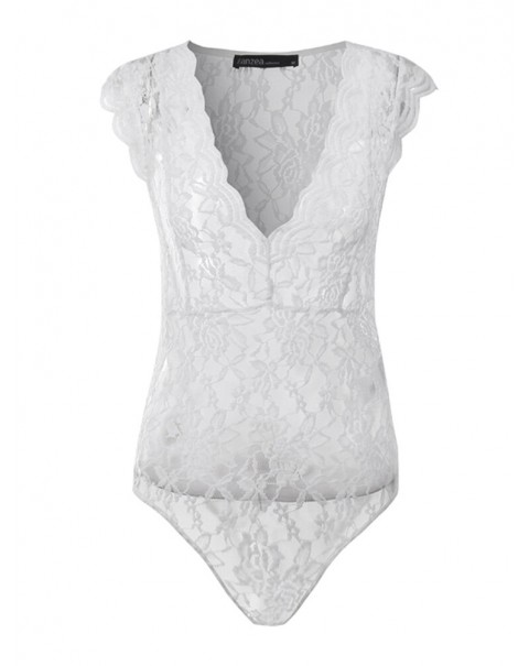 Women Lace See-through V-neck Tights Shapewear Outside Wearing Casual Bodysuit - S Black