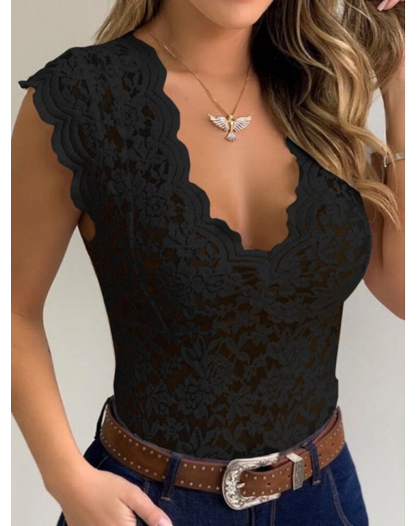 Women Lace See-through V-neck Tights Shapewear Out...