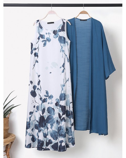 Plant Dragonfly Print Round Neck Casual Two Piece Suit - Grey S