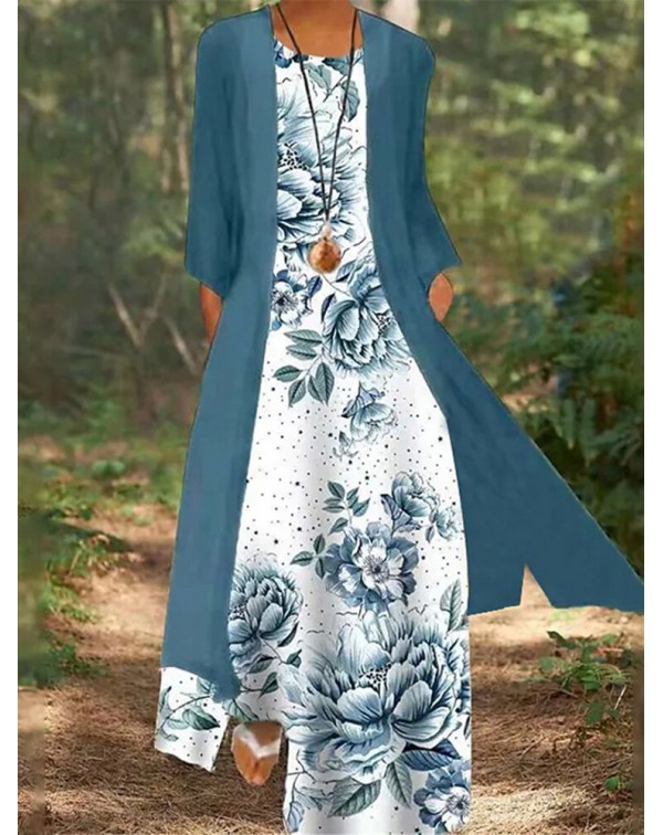 Plant Dragonfly Print Round Neck Casual Two Piece ...