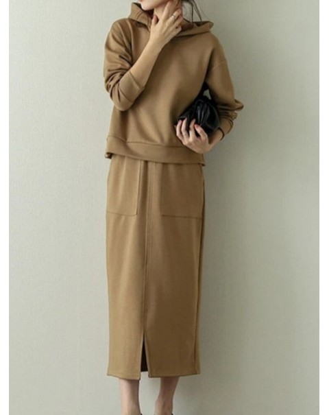 Women Sweatshirt Hooded Solid Side Pocket Calf Length Two-Piece Sets - Grey M