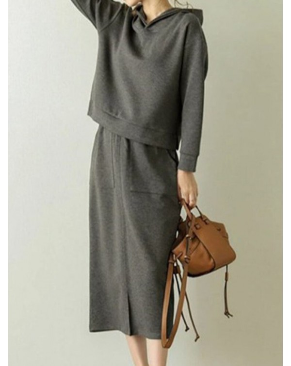 Women Sweatshirt Hooded Solid Side Pocket Calf Len...