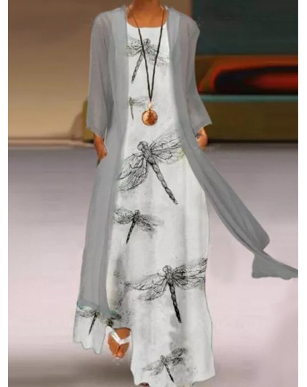 Plant Dragonfly Print Round Neck Casual Two Piece ...