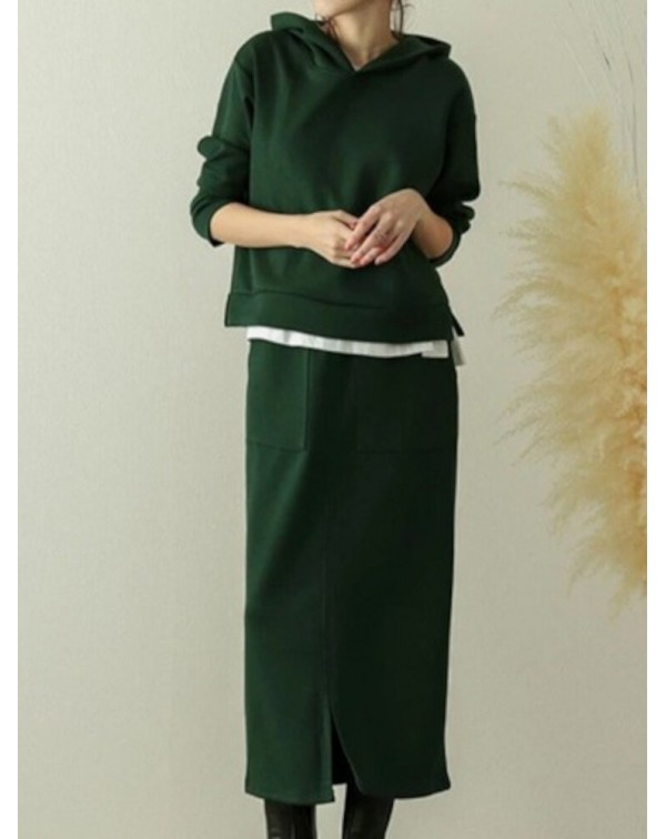 Women Sweatshirt Hooded Solid Side Pocket Calf Len...