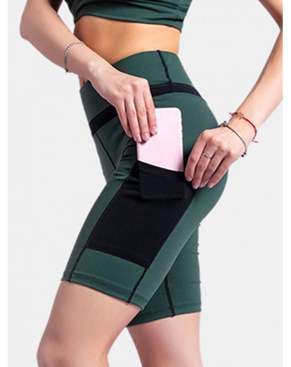 Women Contrasting Colors Pocket Fitness Workout Bi...