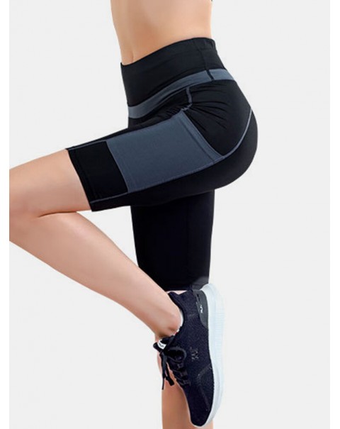 Women Contrasting Colors Pocket Fitness Workout Biker Shorts - Black 8