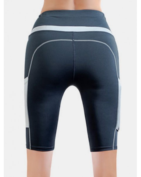 Women Contrasting Colors Pocket Fitness Workout Biker Shorts - Black 8