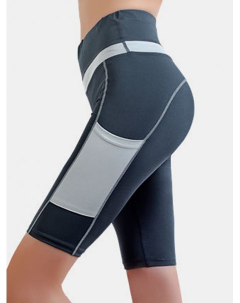 Women Contrasting Colors Pocket Fitness Workout Biker Shorts - Black 8
