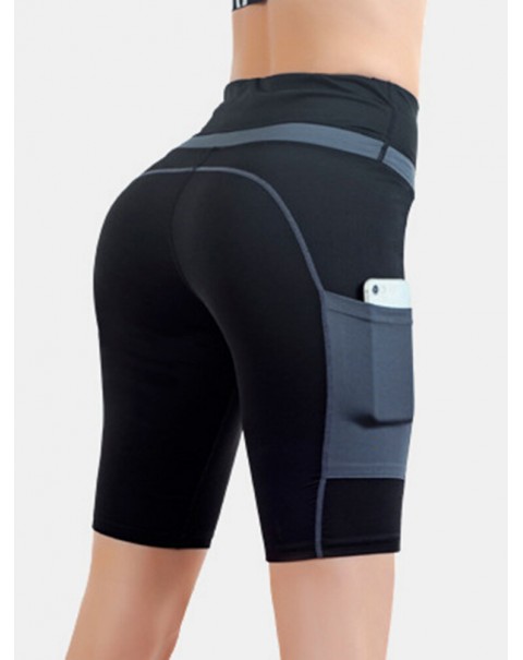 Women Contrasting Colors Pocket Fitness Workout Biker Shorts - Black 8