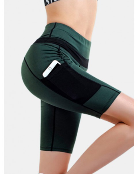 Women Contrasting Colors Pocket Fitness Workout Biker Shorts - Black 8