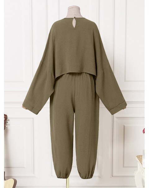 Round Neck Long Sleeve Button Pocket Solid Suit - Green 2XL