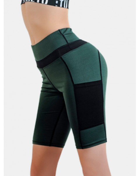 Women Contrasting Colors Pocket Fitness Workout Biker Shorts - Black 8