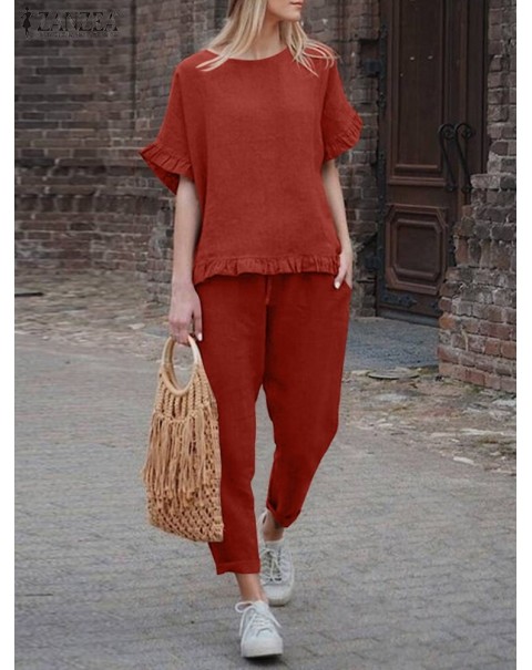 Solid Ruffle Pocket Half Sleeve Round Neck Suit - Red S