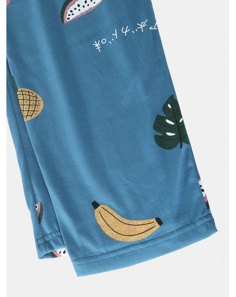 Women Cartoon Fruit Print O-Neck Loose Pants Cotton Comfy Plus Size Home Pajamas Sets - Blue 2