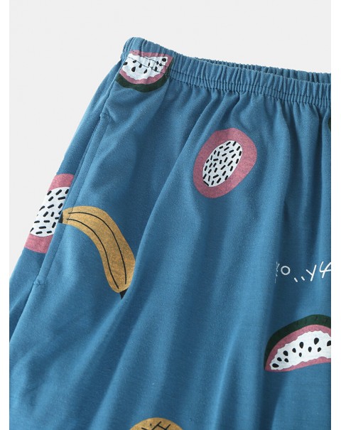 Women Cartoon Fruit Print O-Neck Loose Pants Cotton Comfy Plus Size Home Pajamas Sets - Blue 2