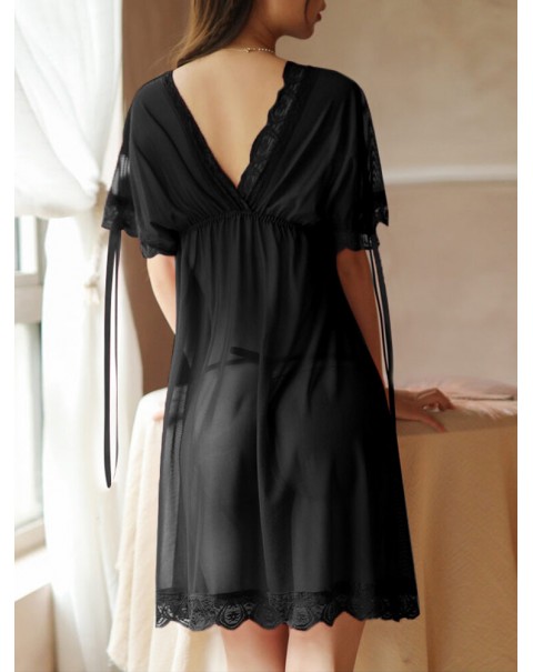 100% Polyester Solid Bohemian Leisure Nightgowns For Women - Black S