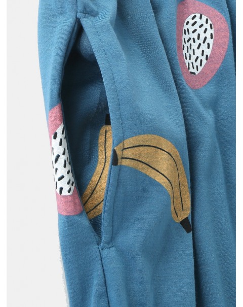 Women Cartoon Fruit Print O-Neck Loose Pants Cotton Comfy Plus Size Home Pajamas Sets - Blue 2