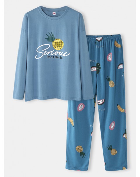 Women Cartoon Fruit Print O-Neck Loose Pants Cotton Comfy Plus Size Home Pajamas Sets - Blue 2