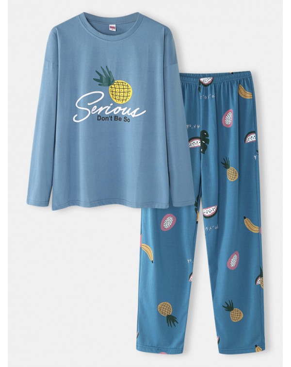 Women Cartoon Fruit Print O-Neck Loose Pants Cotto...