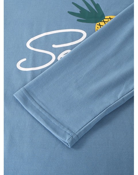 Women Cartoon Fruit Print O-Neck Loose Pants Cotton Comfy Plus Size Home Pajamas Sets - Blue 2