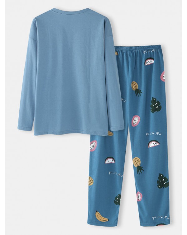 Women Cartoon Fruit Print O-Neck Loose Pants Cotto...