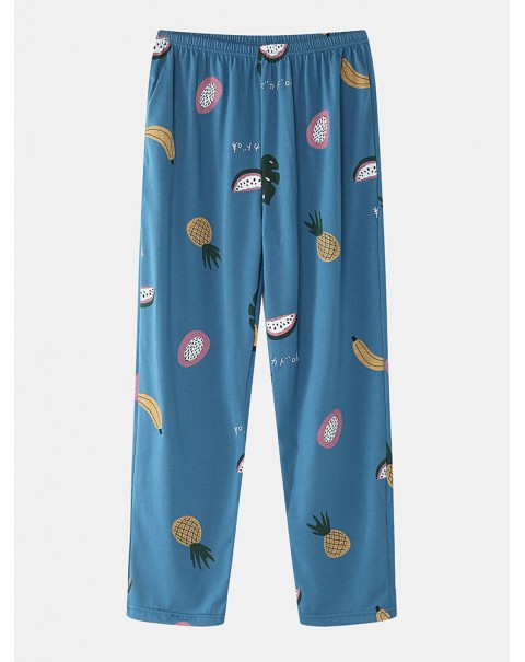 Women Cartoon Fruit Print O-Neck Loose Pants Cotton Comfy Plus Size Home Pajamas Sets - Blue 2
