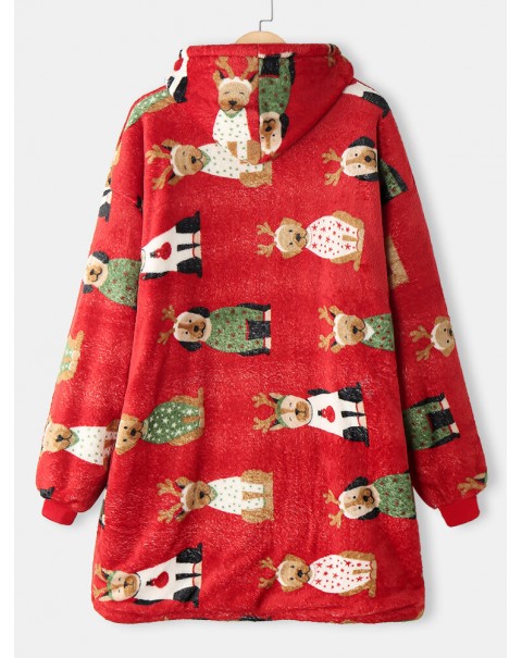 Women Thick Christmas Cartoon Animal Print Flannel Fleece Lined Oversized Warm Pajamas - Red Free Size