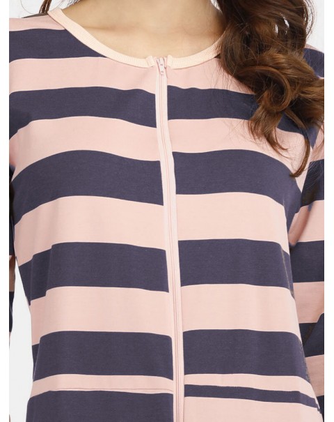Plus Size Women Classic Stripe Print Round Neck Zipper Long Sleeve Sleepwear Home Rompers - Red 12