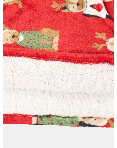 Women Thick Christmas Cartoon Animal Print Flannel Fleece Lined Oversized Warm Pajamas - Red Free Size