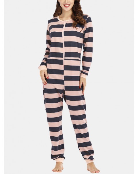 Plus Size Women Classic Stripe Print Round Neck Zipper Long Sleeve Sleepwear Home Rompers - Red 12