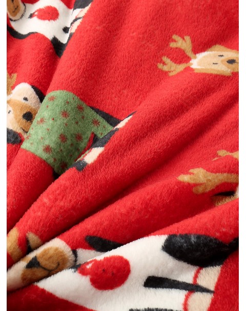 Women Thick Christmas Cartoon Animal Print Flannel Fleece Lined Oversized Warm Pajamas - Red Free Size