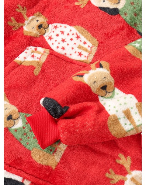 Women Thick Christmas Cartoon Animal Print Flannel Fleece Lined Oversized Warm Pajamas - Red Free Size
