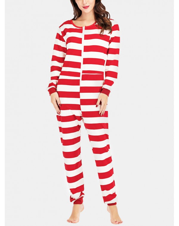 Plus Size Women Classic Stripe Print Round Neck Zi...