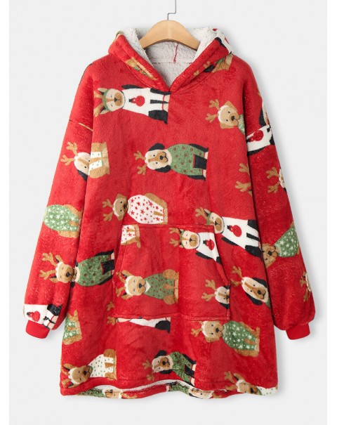Women Thick Christmas Cartoon Animal Print Flannel Fleece Lined Oversized Warm Pajamas - Red Free Size