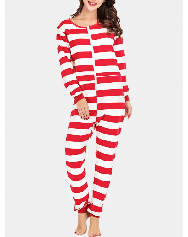 Plus Size Women Classic Stripe Print Round Neck Zi...
