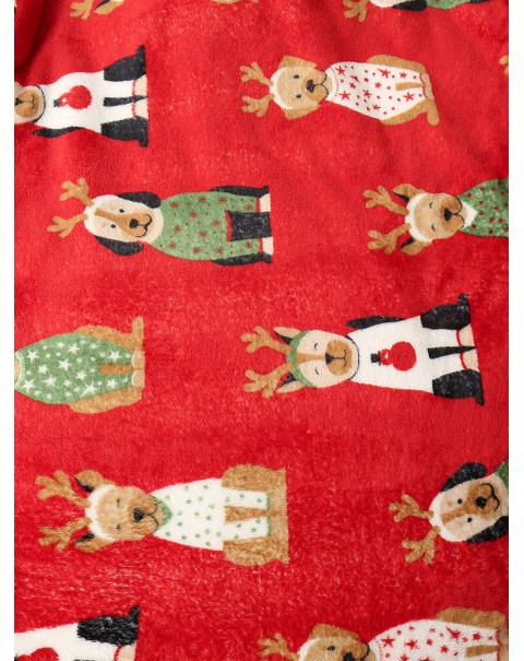 Women Thick Christmas Cartoon Animal Print Flannel Fleece Lined Oversized Warm Pajamas - Red Free Size