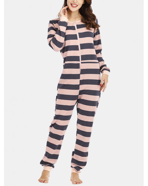Plus Size Women Classic Stripe Print Round Neck Zipper Long Sleeve Sleepwear Home Rompers - Red 12