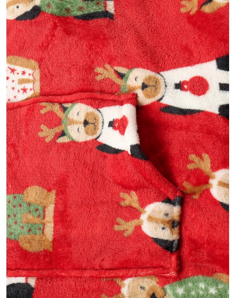 Women Thick Christmas Cartoon Animal Print Flannel Fleece Lined Oversized Warm Pajamas - Red Free Size