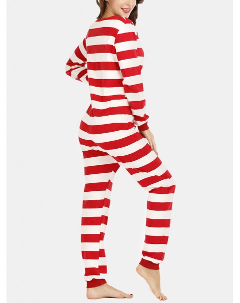Plus Size Women Classic Stripe Print Round Neck Zipper Long Sleeve Sleepwear Home Rompers - Red 12