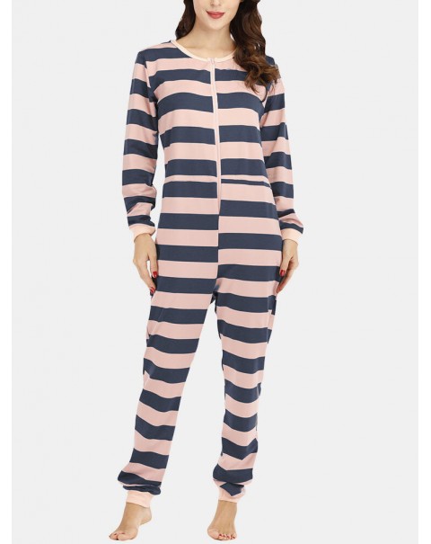 Plus Size Women Classic Stripe Print Round Neck Zipper Long Sleeve Sleepwear Home Rompers - Red 12