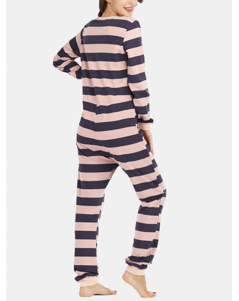 Plus Size Women Classic Stripe Print Round Neck Zipper Long Sleeve Sleepwear Home Rompers - Red 12