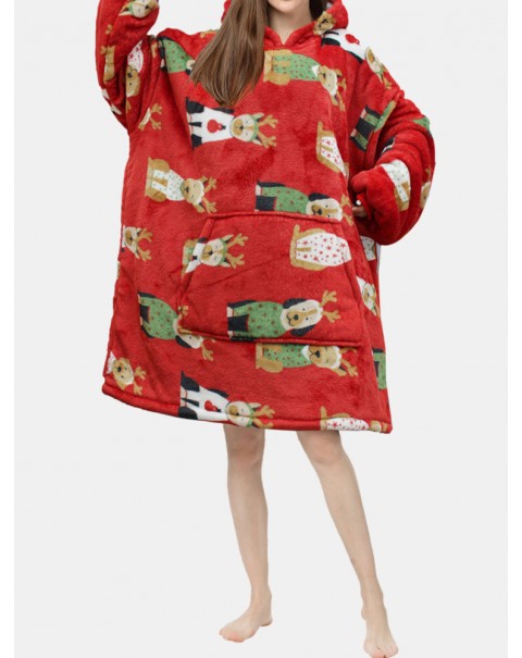 Women Thick Christmas Cartoon Animal Print Flannel Fleece Lined Oversized Warm Pajamas - Red Free Size