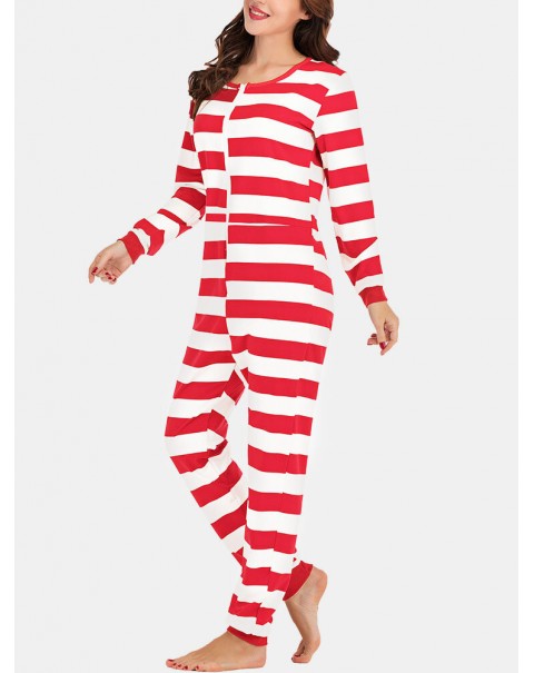 Plus Size Women Classic Stripe Print Round Neck Zipper Long Sleeve Sleepwear Home Rompers - Red 12